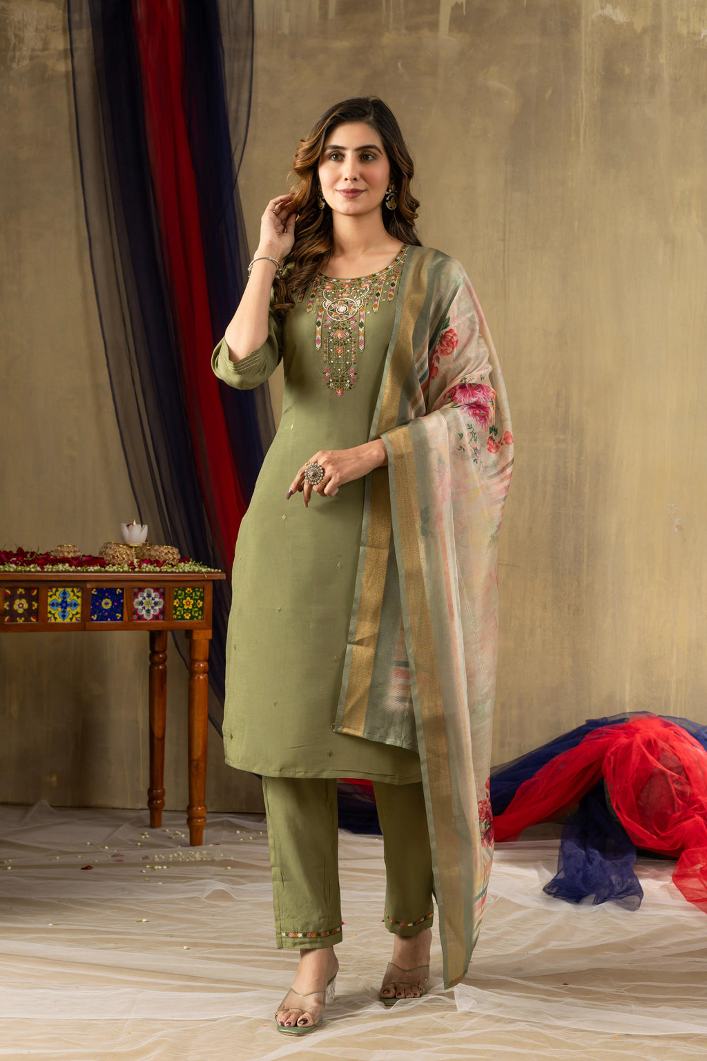 Sonakshi Women's Green Shimmer Gold Silk Multi Embroidered Sequins With Hand Work Kurta Set With Dupatta - Distacart