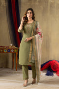Sonakshi Women's Green Shimmer Gold Silk Multi Embroidered Sequins With Hand Work Kurta Set With Dupatta - Distacart