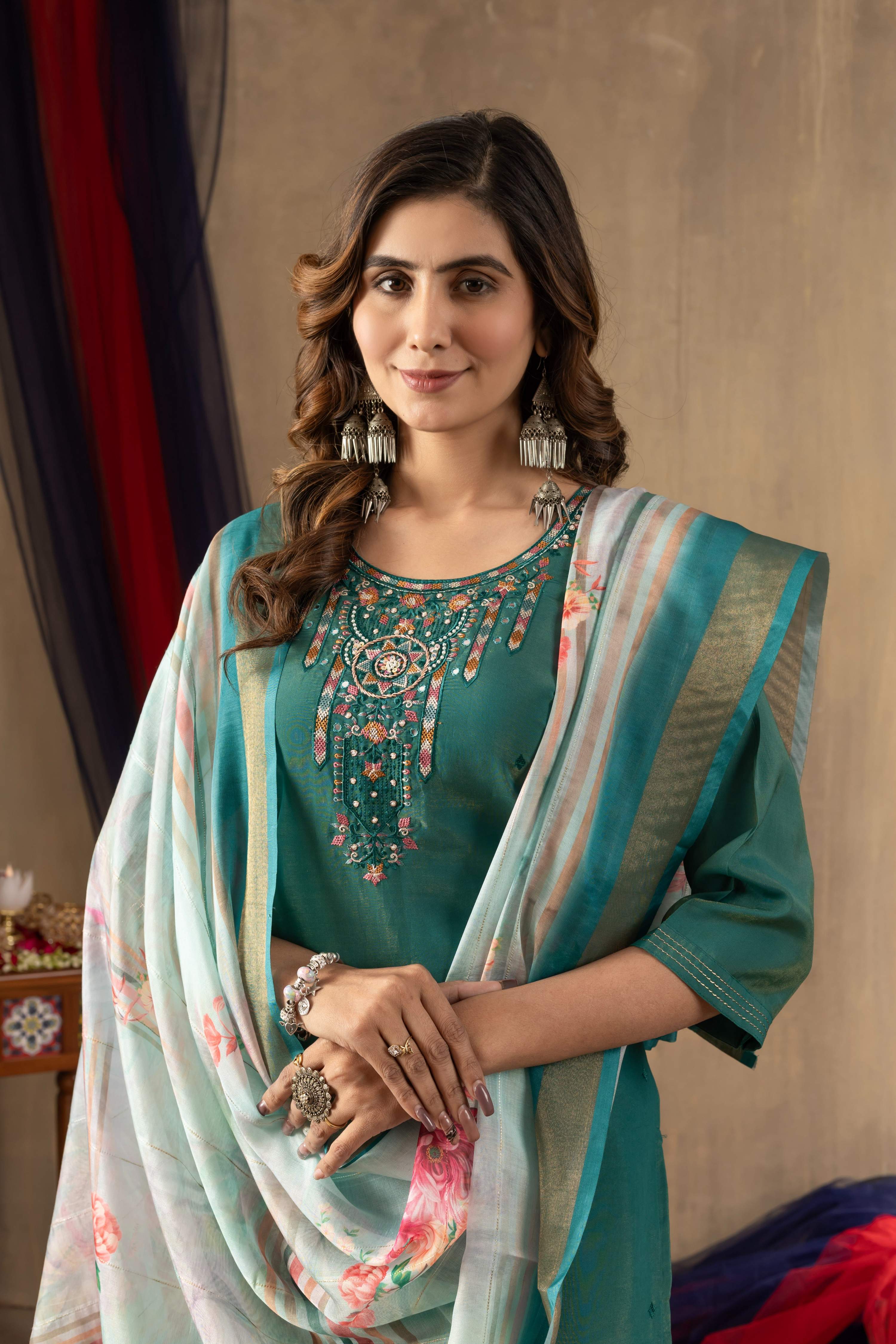 Sonakshi Women's Rama Shimmer Gold Silk Multi Embroidered Sequins With Hand Work Kurta Set With Dupatta - Distacart