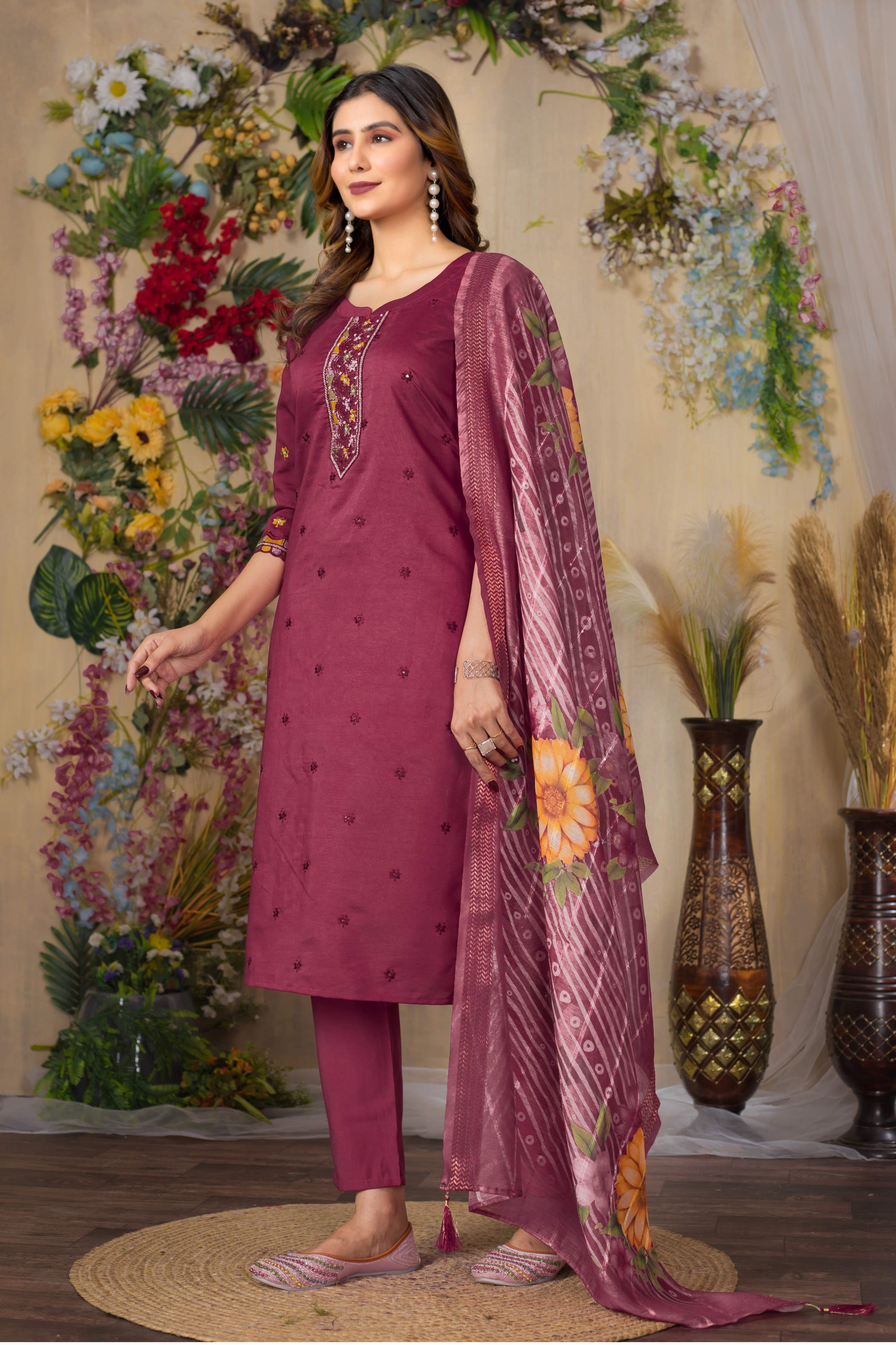 Sonakshi Women's Onion Roman Silk Multi Embroidered Sequins With Hand Work Kurta Set With Dupatta - Distacart