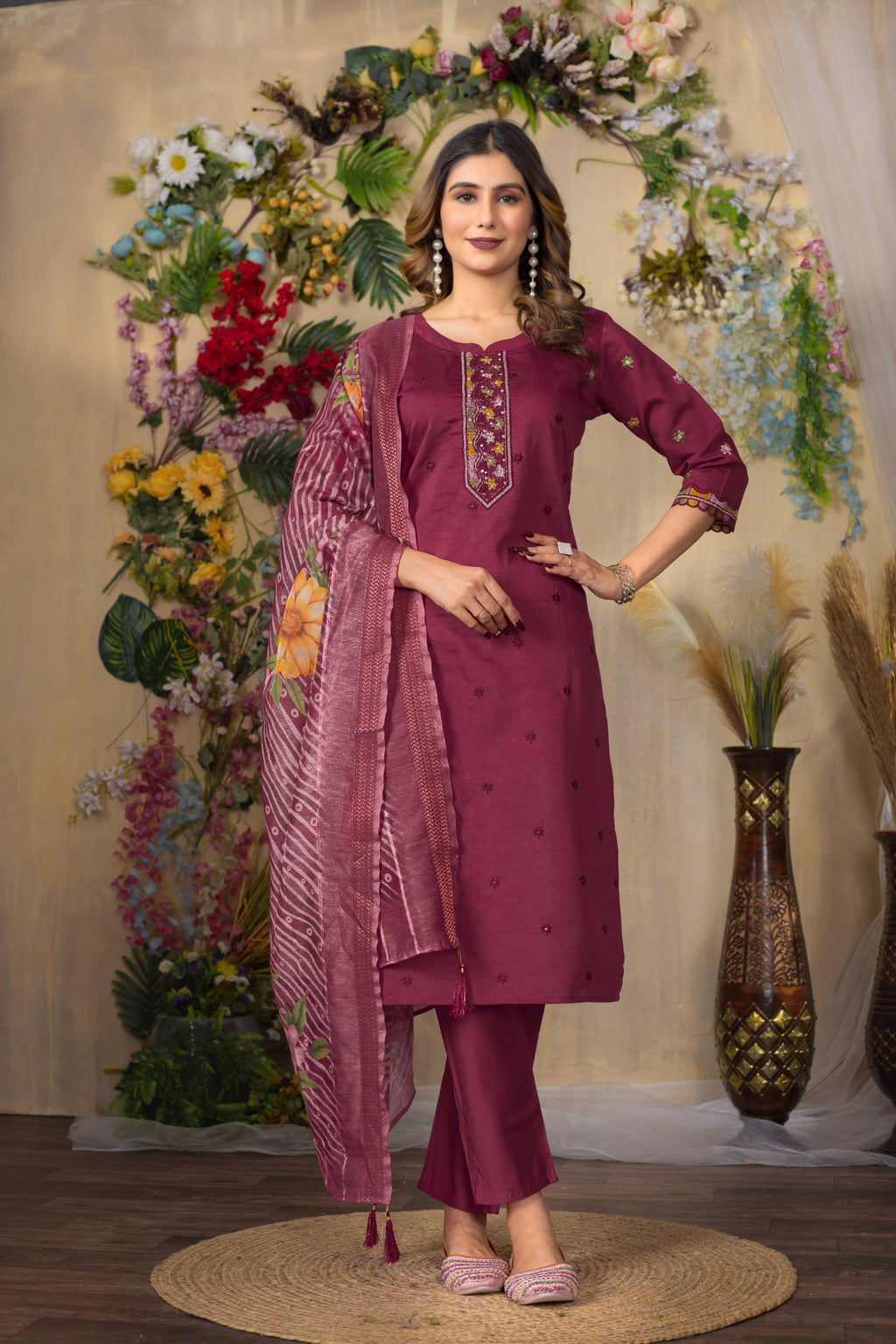 Sonakshi Women's Onion Roman Silk Multi Embroidered Sequins With Hand Work Kurta Set With Dupatta - Distacart