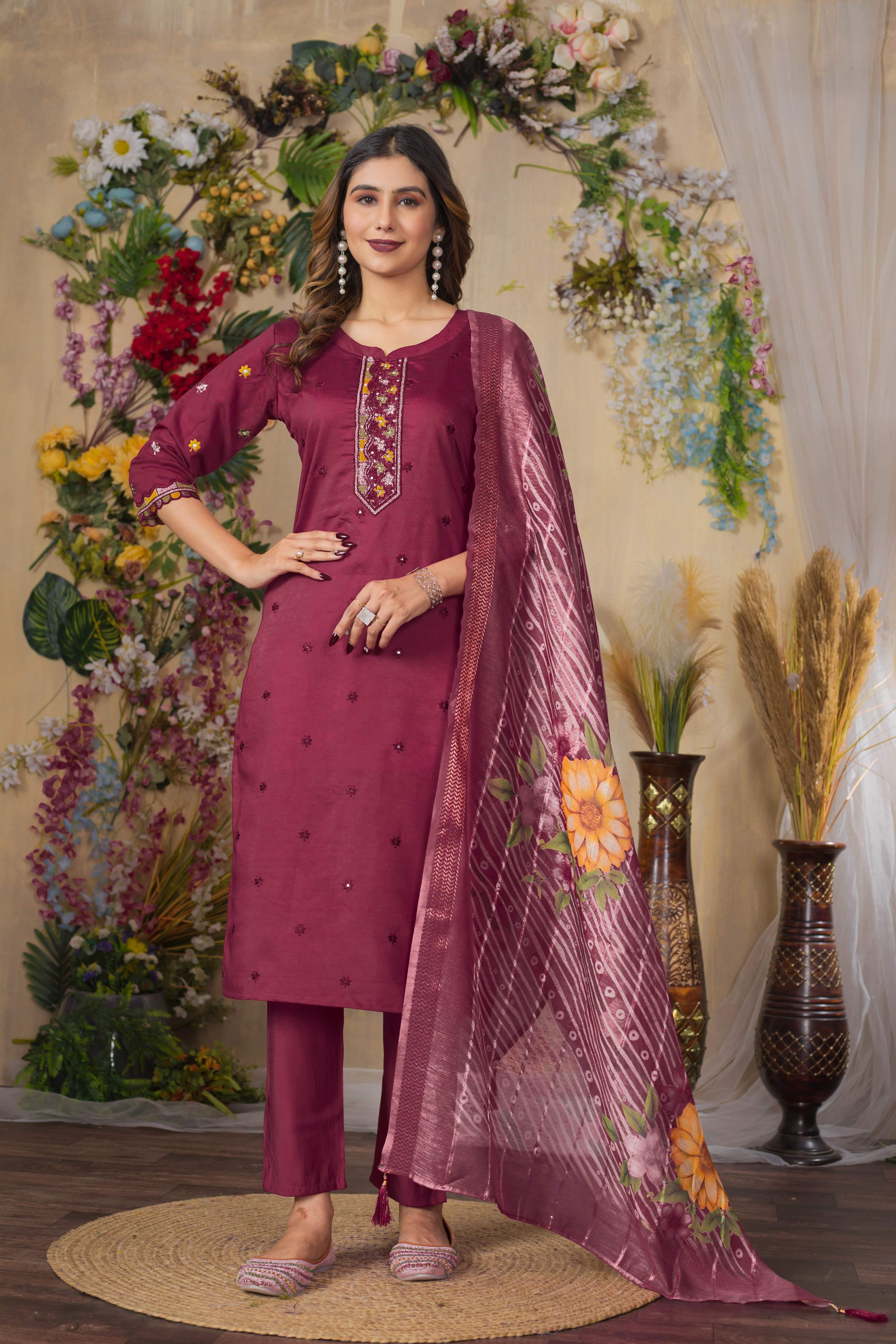 Sonakshi Women's Onion Roman Silk Multi Embroidered Sequins With Hand Work Kurta Set With Dupatta - Distacart