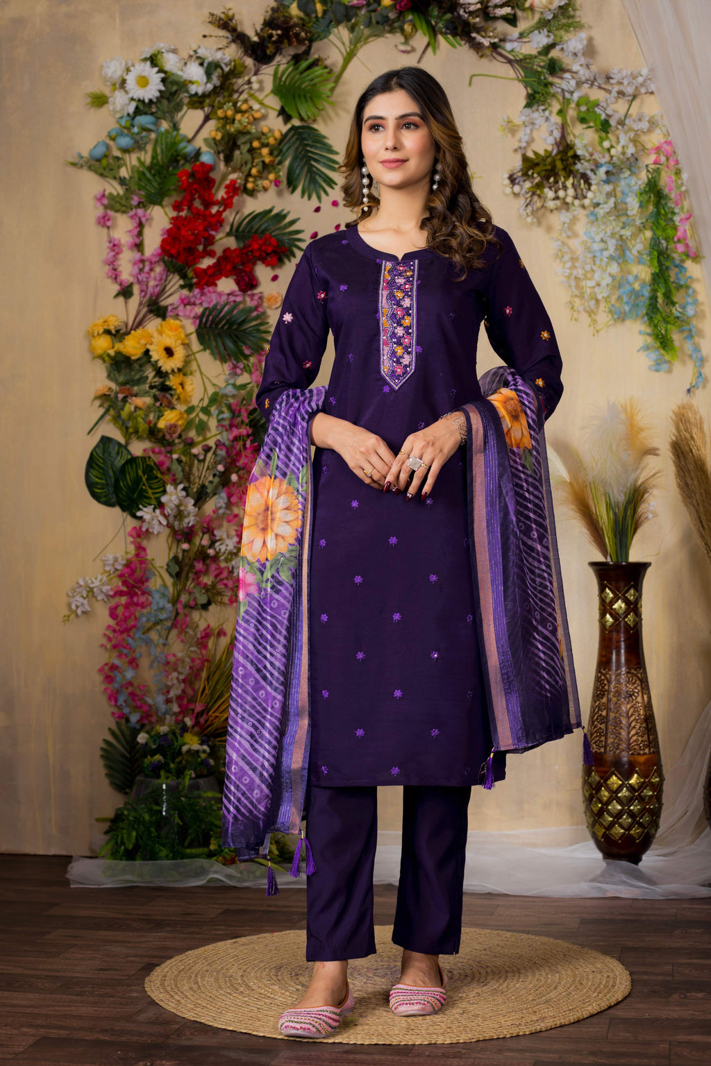 Sonakshi Women's Purple Roman Silk Multi Embroidered Sequins With Hand Work Kurta Set With Dupatta - Distacart