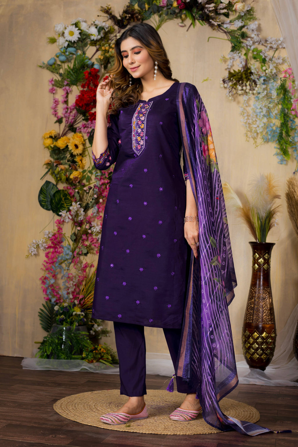 Sonakshi Women's Purple Roman Silk Multi Embroidered Sequins With Hand Work Kurta Set With Dupatta - Distacart