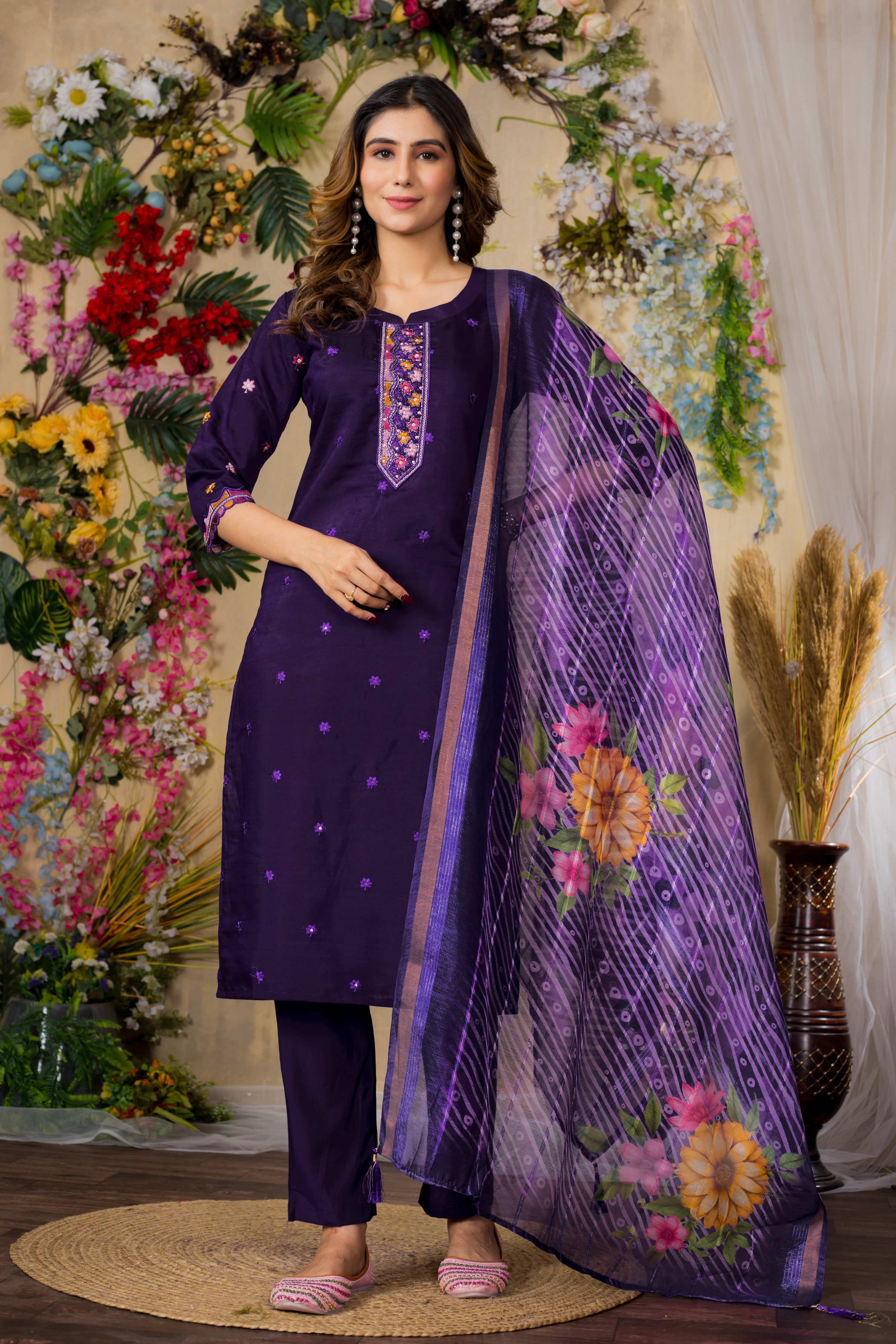 Sonakshi Women's Purple Roman Silk Multi Embroidered Sequins With Hand Work Kurta Set With Dupatta - Distacart