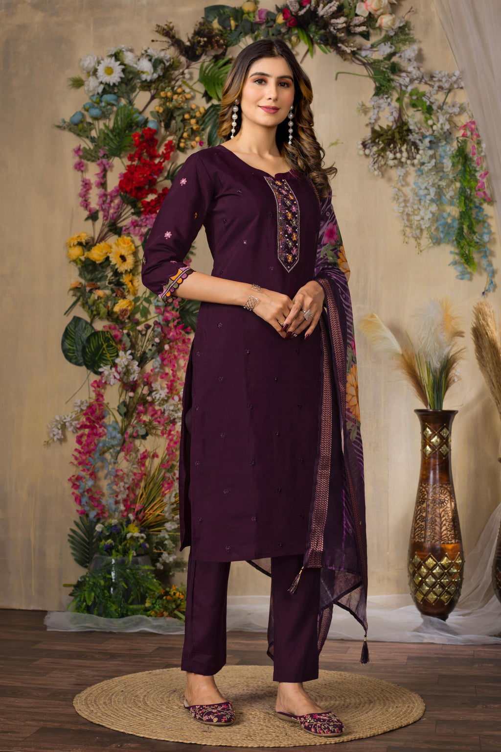 Sonakshi Women's Wine Roman Silk Multi Embroidered Sequins With Hand Work Kurta Set With Dupatta - Distacart