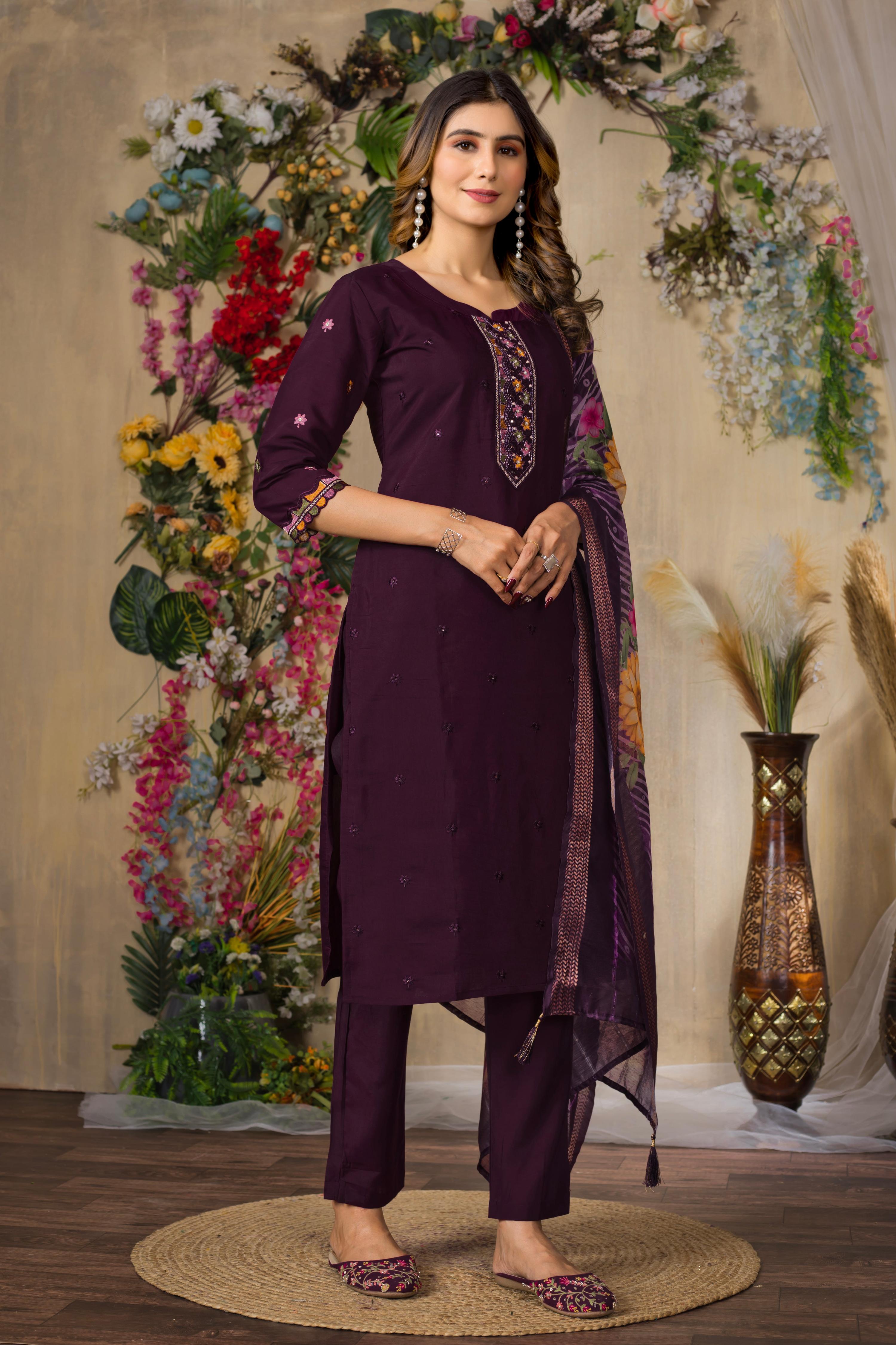 Sonakshi Women's Wine Roman Silk Multi Embroidered Sequins With Hand Work Kurta Set With Dupatta - Distacart