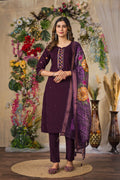 Sonakshi Women's Wine Roman Silk Multi Embroidered Sequins With Hand Work Kurta Set With Dupatta - Distacart