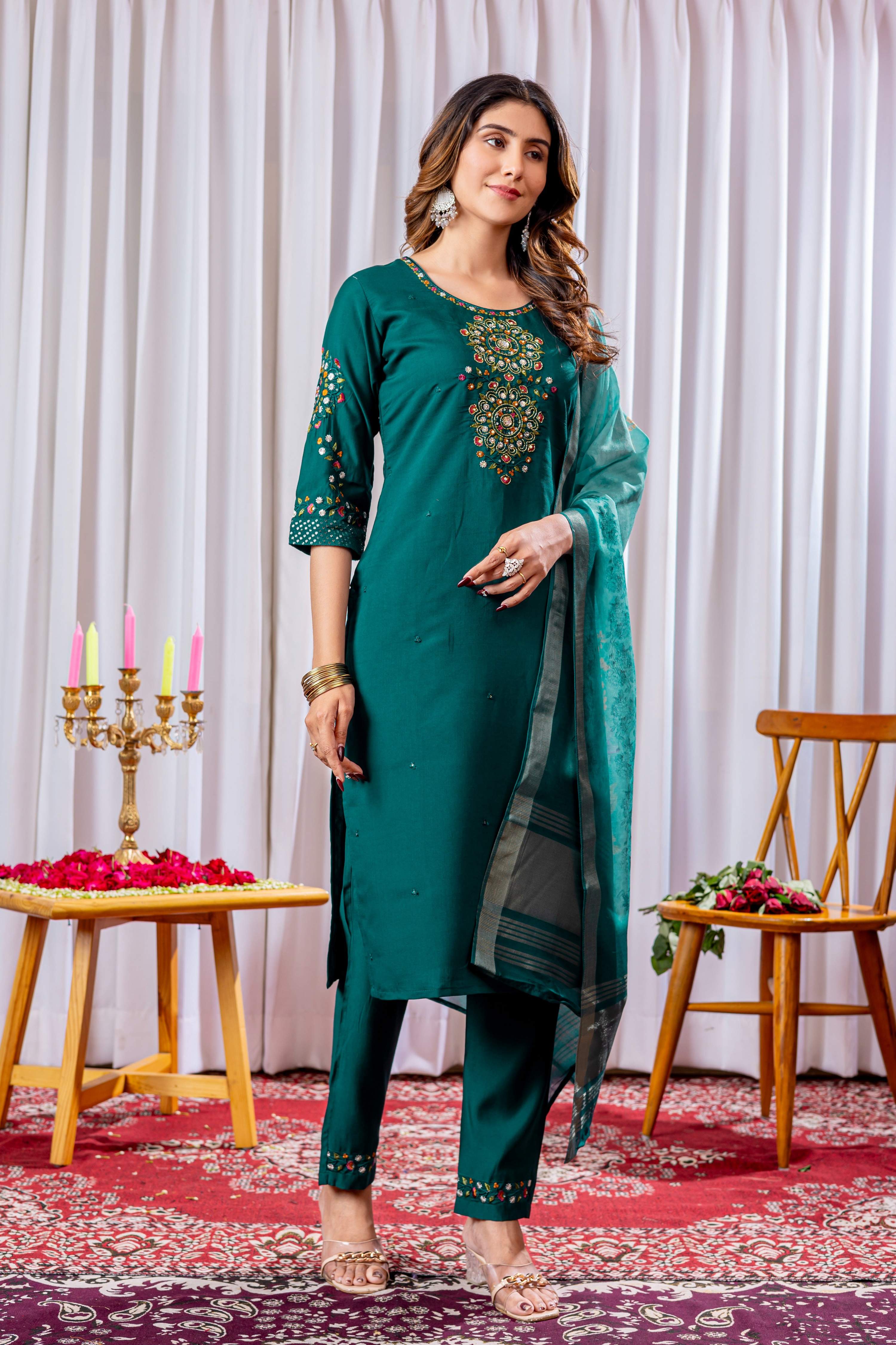 Sonakshi Women's Teal Viscose Silk Multi Embroidered Sequins With Hand Work Kurta Set With Dupatta - Distacart
