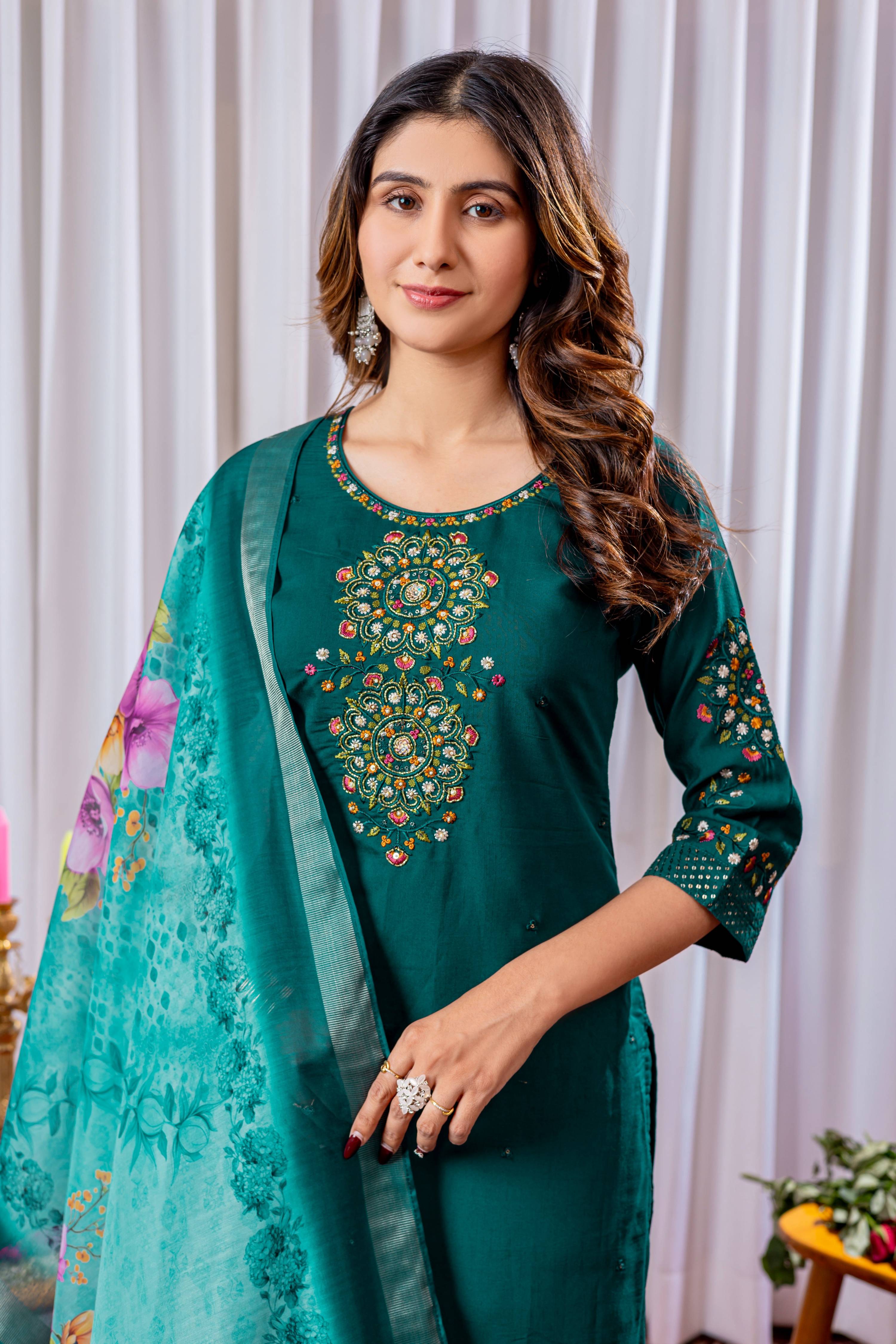 Sonakshi Women's Teal Viscose Silk Multi Embroidered Sequins With Hand Work Kurta Set With Dupatta - Distacart