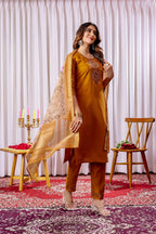 Sonakshi Women's Mustard Viscose Silk Multi Embroidered Sequins With Hand Work Kurta Set With Dupatta - Distacart