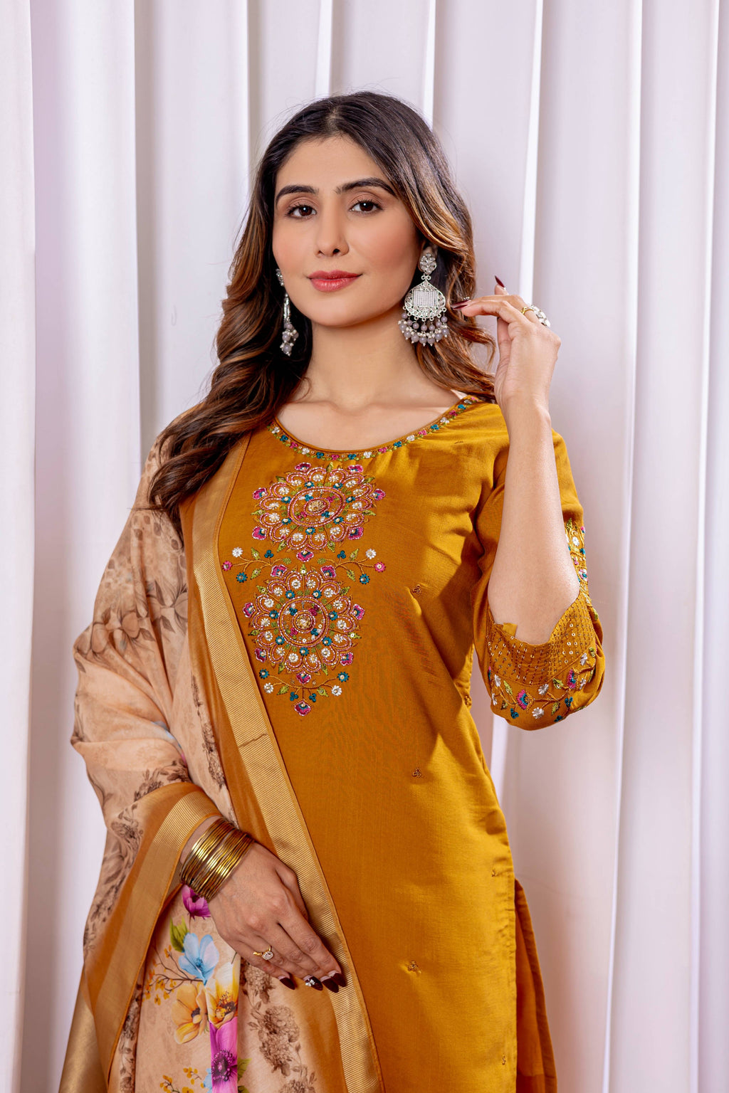 Sonakshi Women's Mustard Viscose Silk Multi Embroidered Sequins With Hand Work Kurta Set With Dupatta - Distacart
