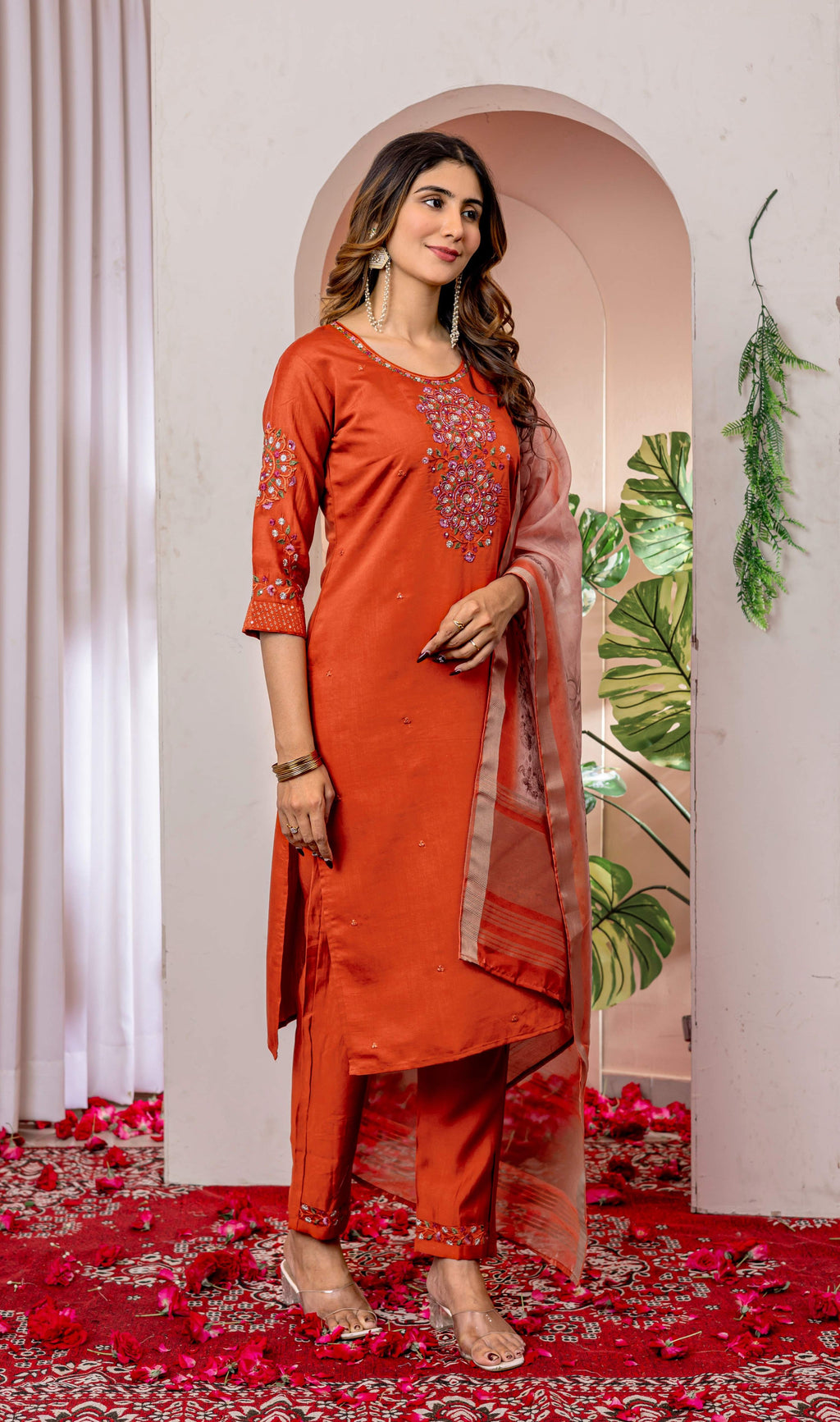 Sonakshi Women's Orange Viscose Silk Multi Embroidered Sequins With Hand Work Kurta Set With Dupatta - Distacart