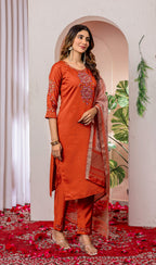 Sonakshi Women's Orange Viscose Silk Multi Embroidered Sequins With Hand Work Kurta Set With Dupatta - Distacart