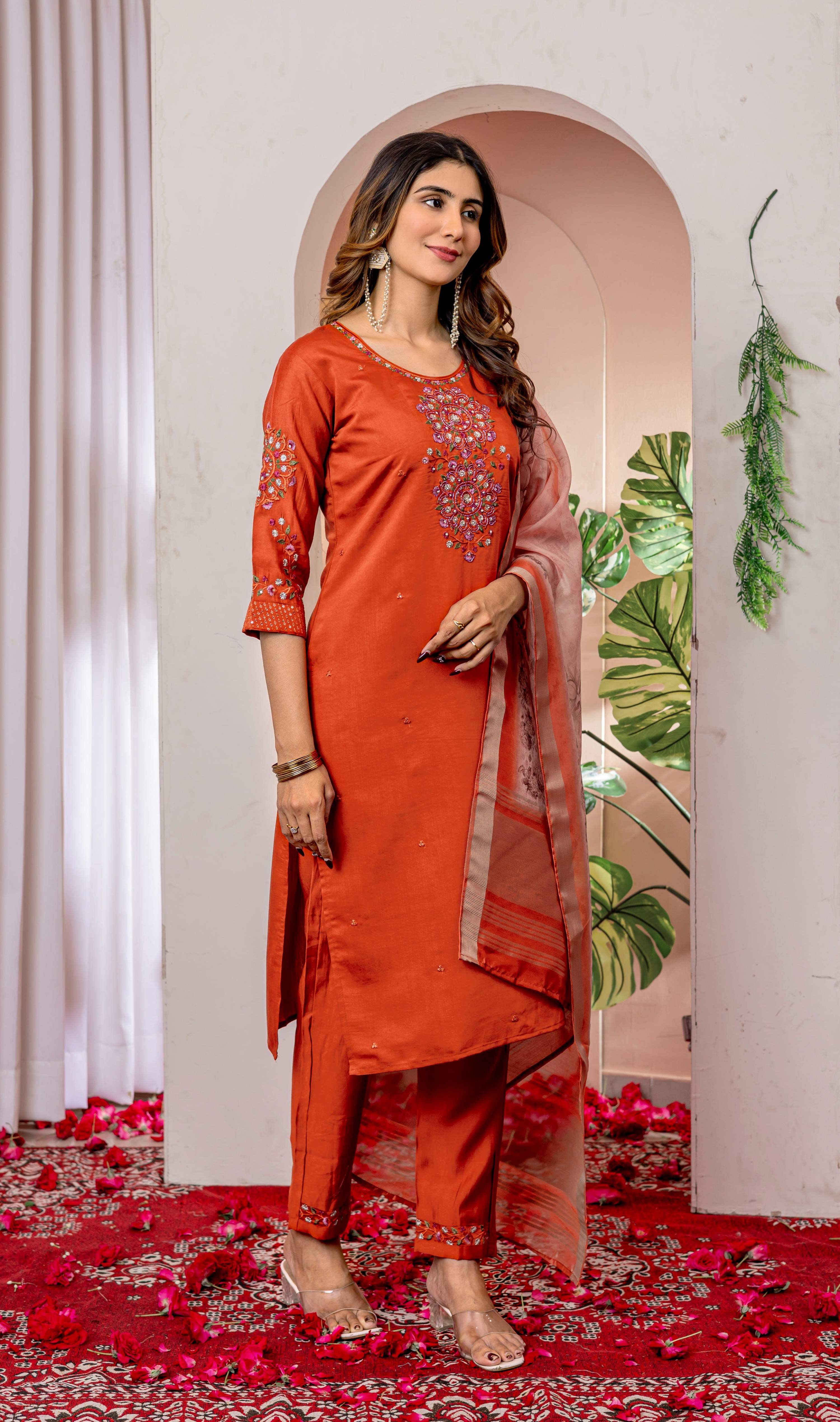 Sonakshi Women's Orange Viscose Silk Multi Embroidered Sequins With Hand Work Kurta Set With Dupatta - Distacart
