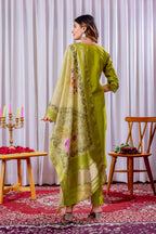 Sonakshi Women's Parrot Green Viscose Silk Multi Embroidered Sequins With Hand Work Kurta Set With Dupatta - Distacart