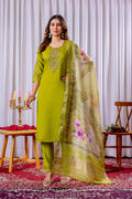 Sonakshi Women's Parrot Green Viscose Silk Multi Embroidered Sequins With Hand Work Kurta Set With Dupatta - Distacart