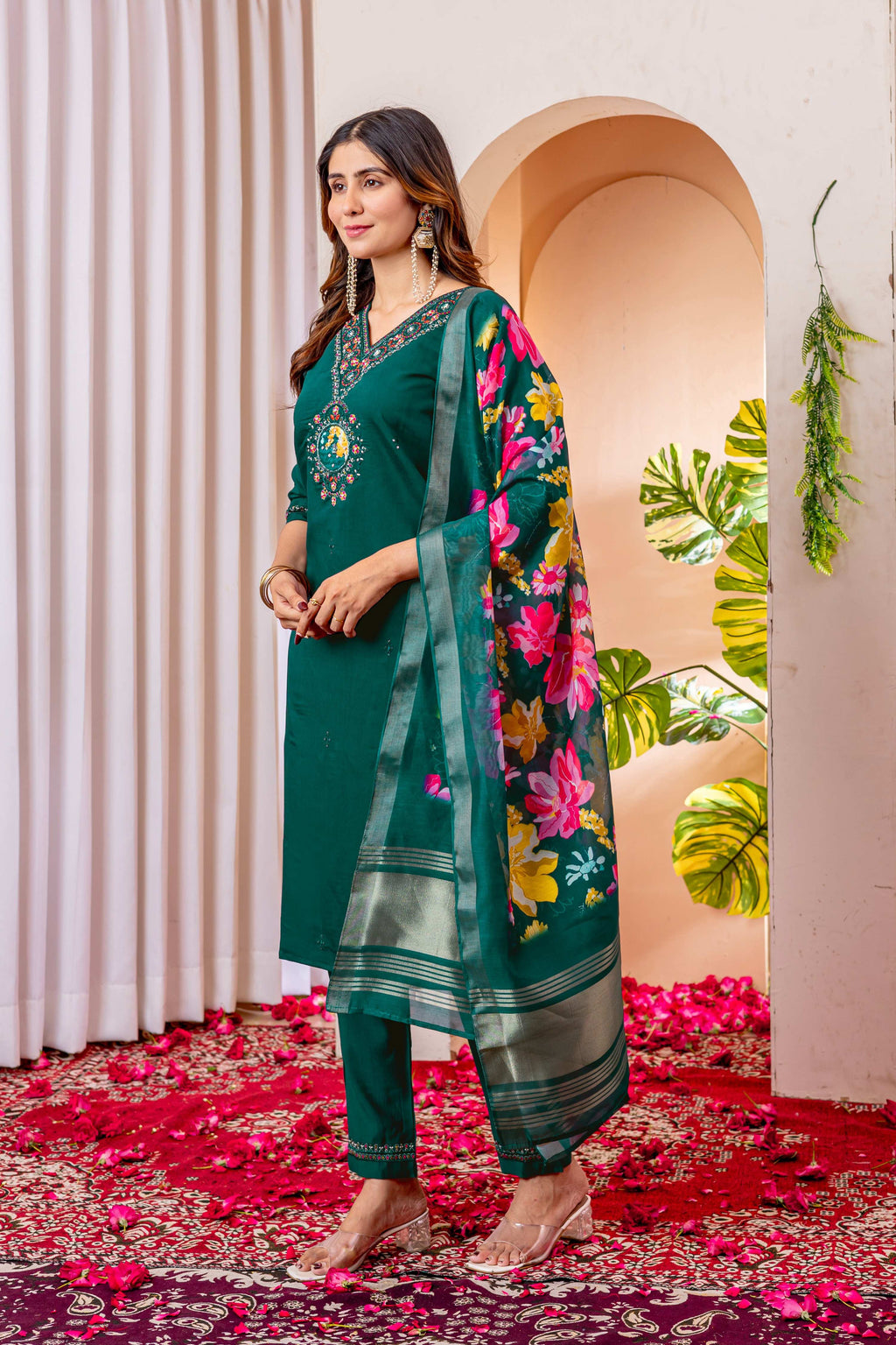 Sonakshi Women's Rama Marina Viscose Silk Multi Embroidered Sequins With Hand Work Kurta Set With Dupatta - Distacart
