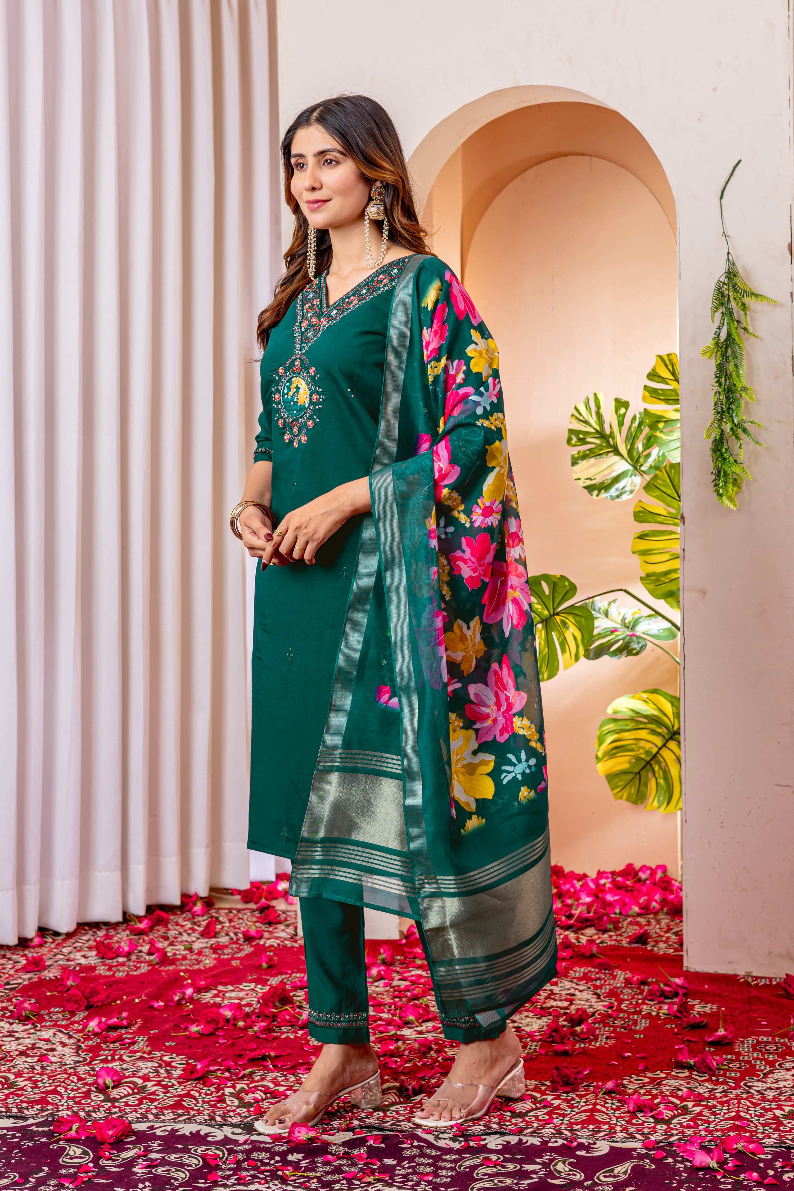 Sonakshi Women's Rama Marina Viscose Silk Multi Embroidered Sequins With Hand Work Kurta Set With Dupatta - Distacart
