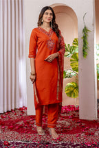 Sonakshi Women's Orange Marina Viscose Silk Multi Embroidered Sequins With Hand Work Kurta Set With Dupatta - Distacart