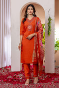 Sonakshi Women's Orange Marina Viscose Silk Multi Embroidered Sequins With Hand Work Kurta Set With Dupatta - Distacart