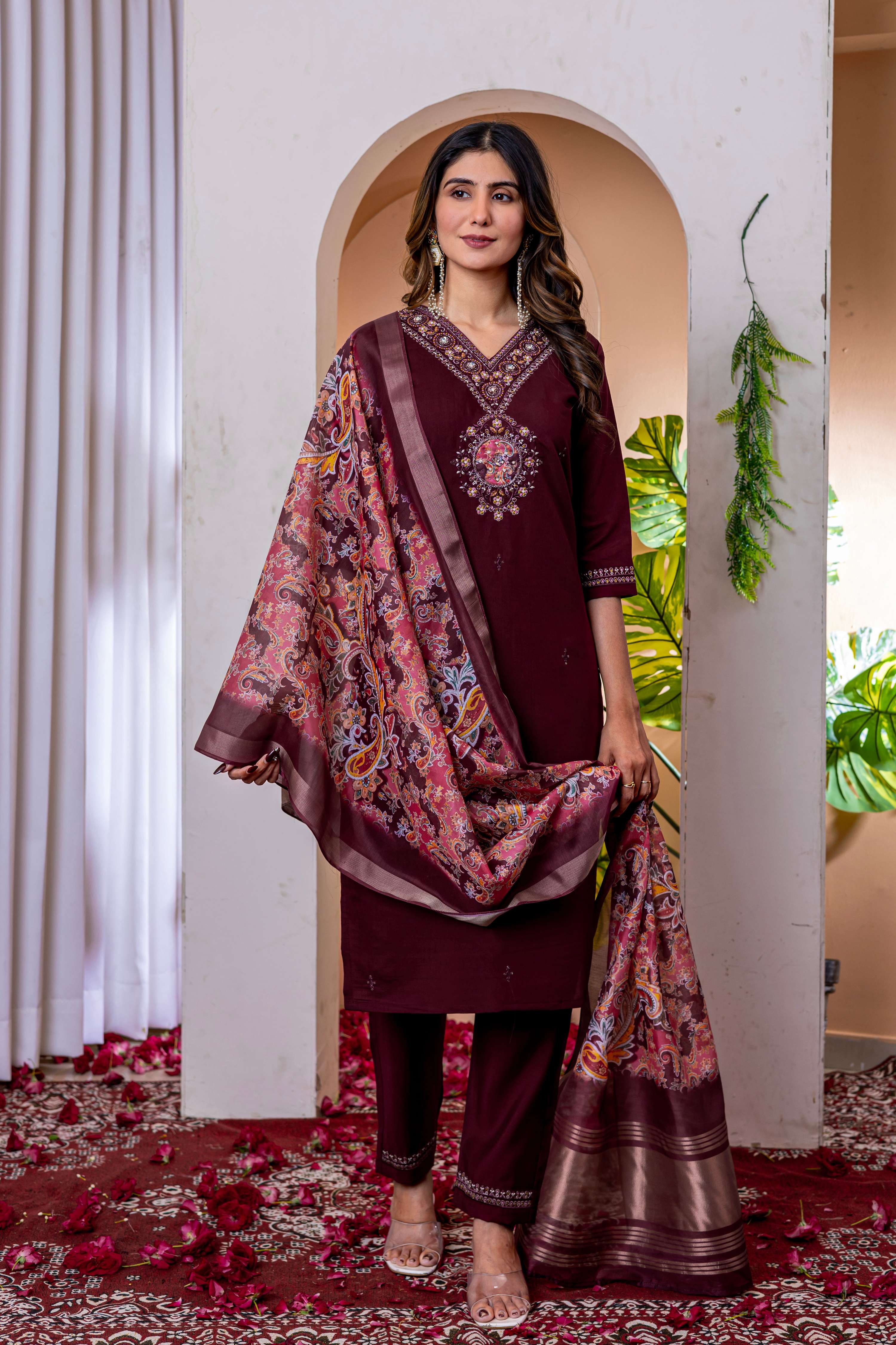 Sonakshi Women's Wine Marina Viscose Silk Multi Embroidered Sequins With Hand Work Kurta Set With Dupatta - Distacart