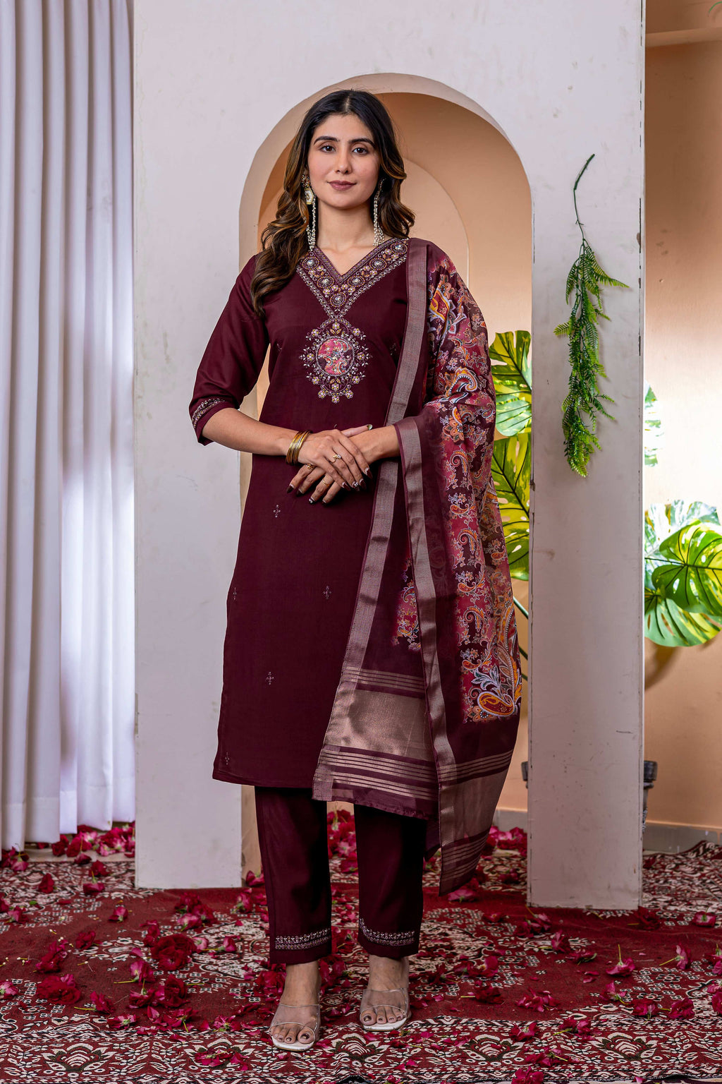 Sonakshi Women's Wine Marina Viscose Silk Multi Embroidered Sequins With Hand Work Kurta Set With Dupatta - Distacart