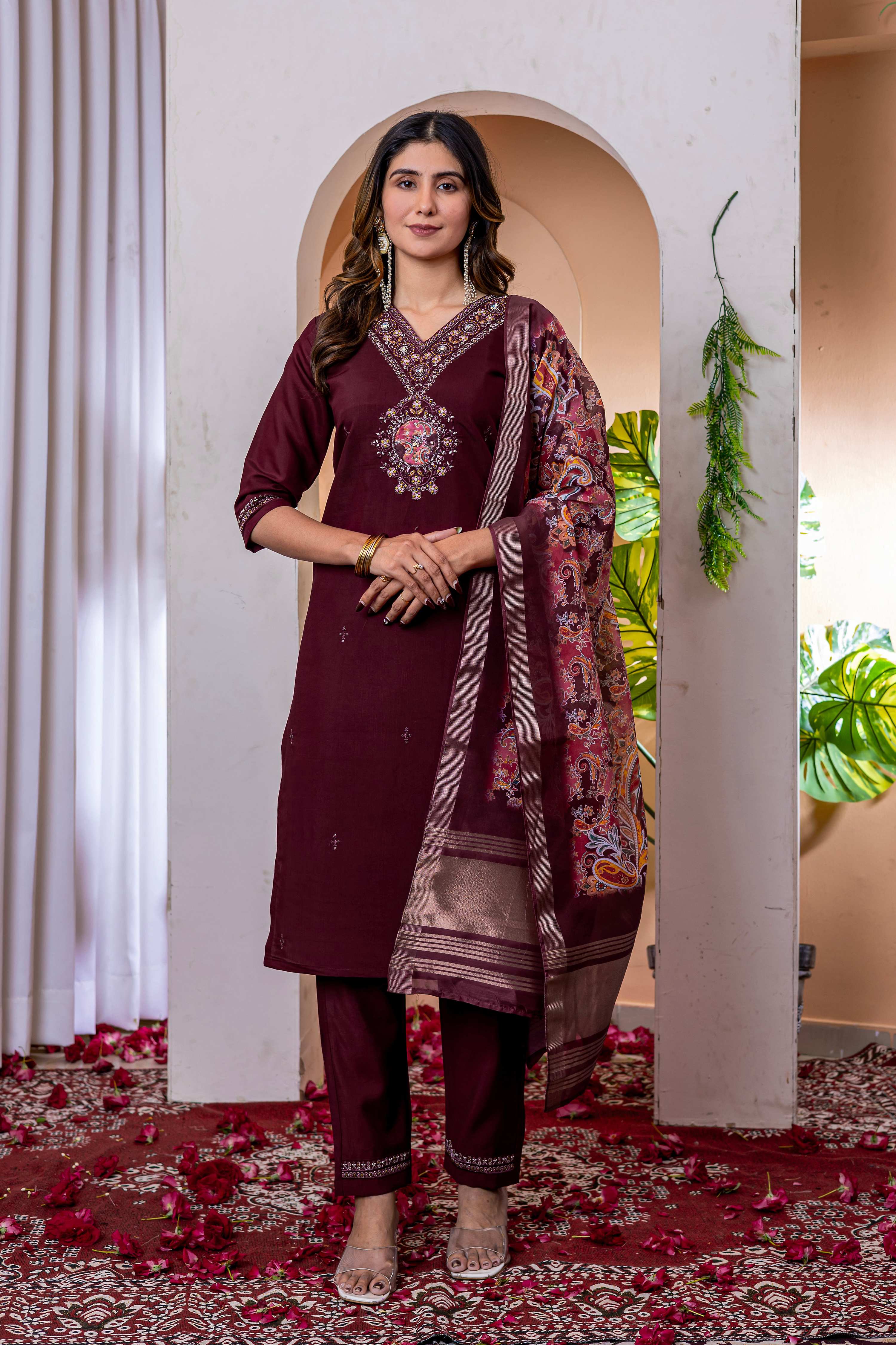 Sonakshi Women's Wine Marina Viscose Silk Multi Embroidered Sequins With Hand Work Kurta Set With Dupatta - Distacart