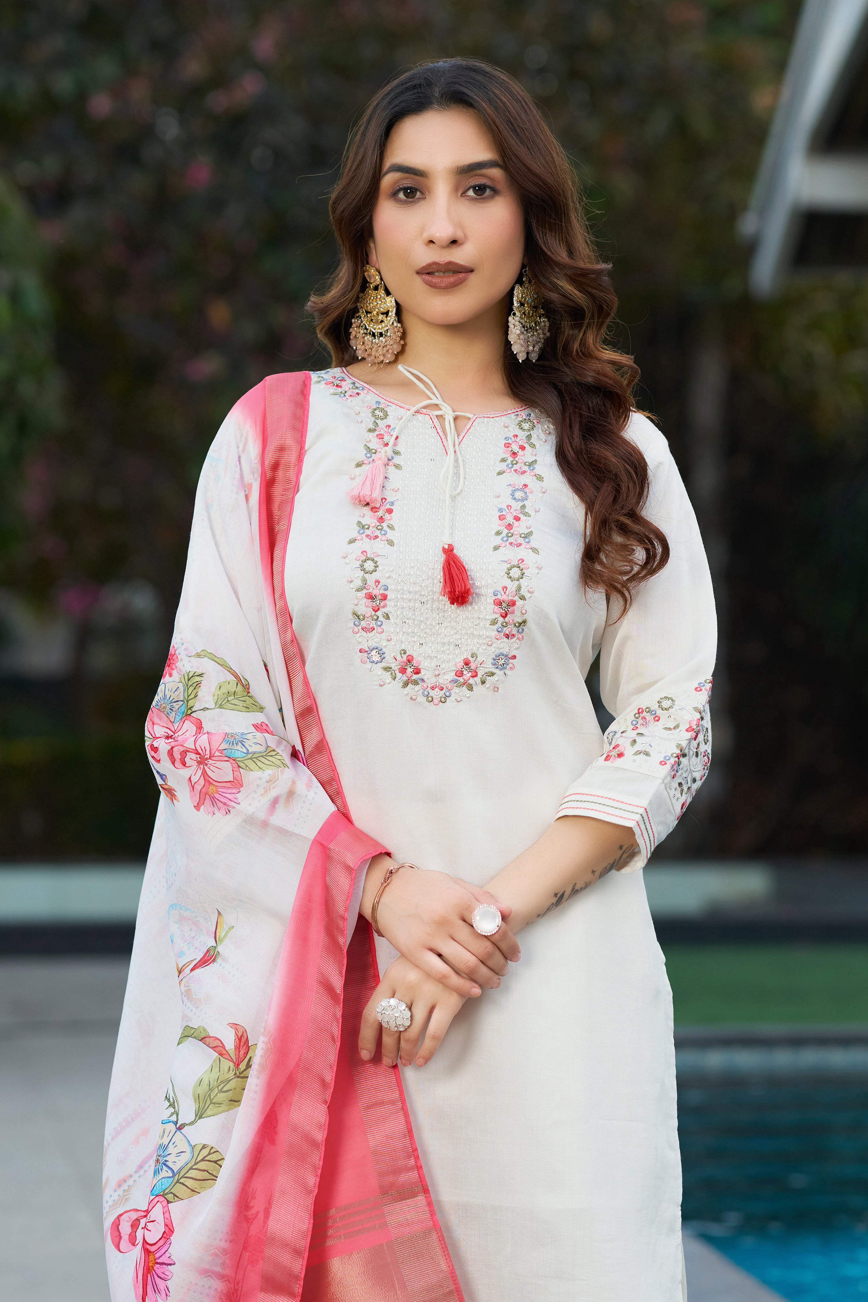 Sonakshi Women's White Viscose Silk Multi Embroidered Thread With Hand Work Kurta Set With Dupatta - Distacart