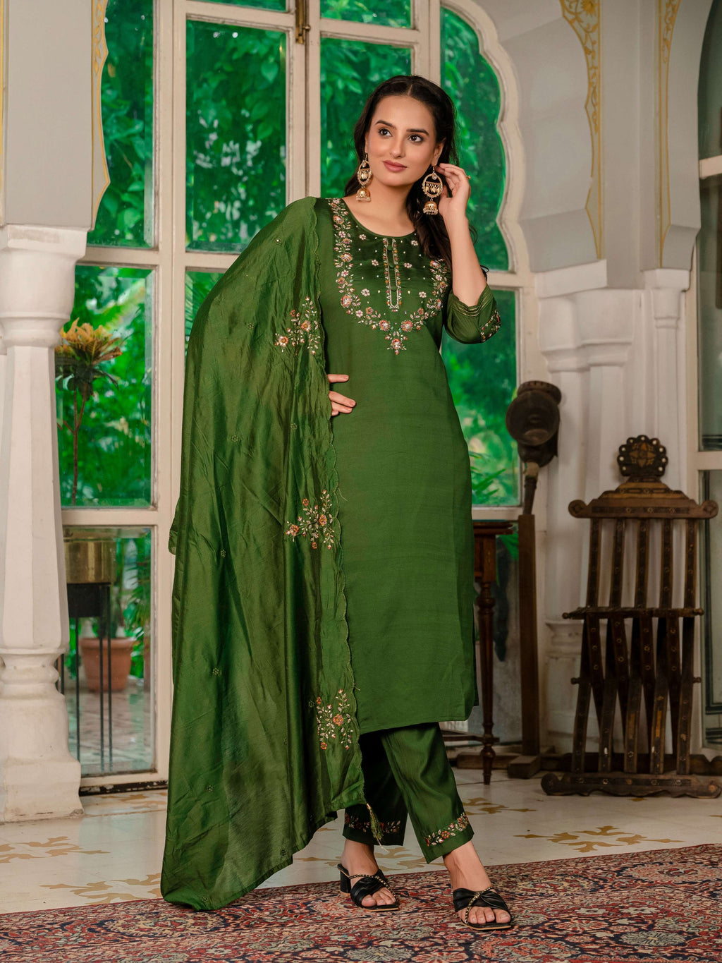 Sonakshi Women's Mehendi Marina Silk Multi Thread Embroidered With Hand Work Kurta Set With Dupatta - Distacart