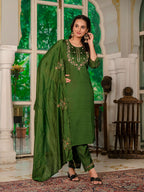 Sonakshi Women's Mehendi Marina Silk Multi Thread Embroidered With Hand Work Kurta Set With Dupatta - Distacart