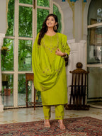 Sonakshi Women's Parrot Marina Silk Multi Thread Embroidered With Hand Work Kurta Set With Dupatta - Distacart