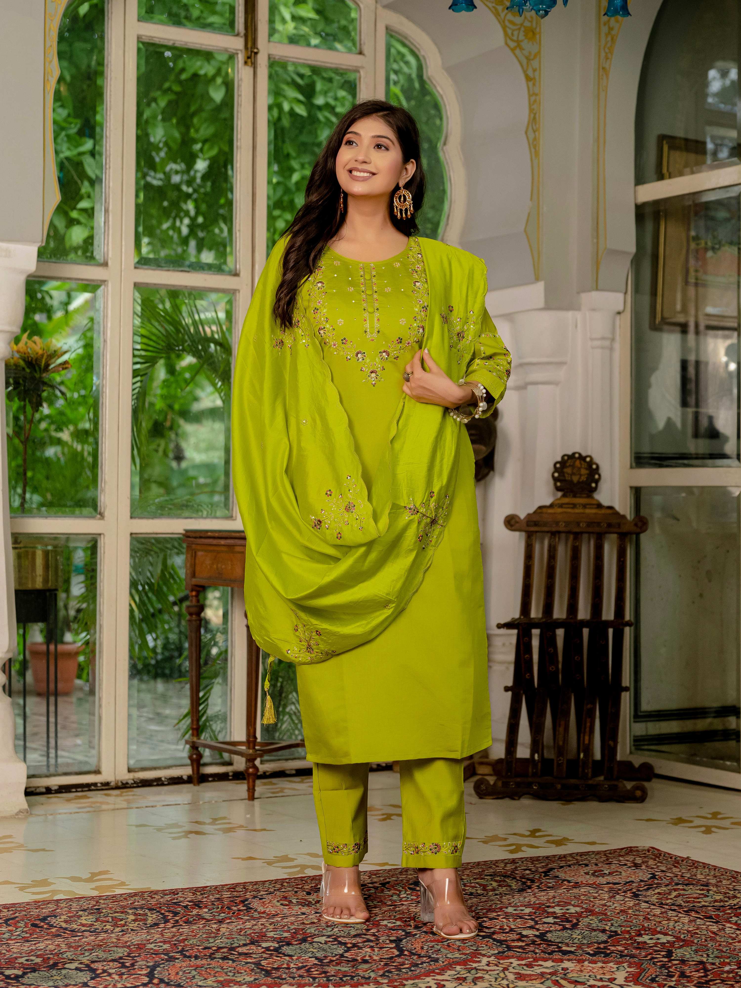 Sonakshi Women's Parrot Marina Silk Multi Thread Embroidered With Hand Work Kurta Set With Dupatta - Distacart