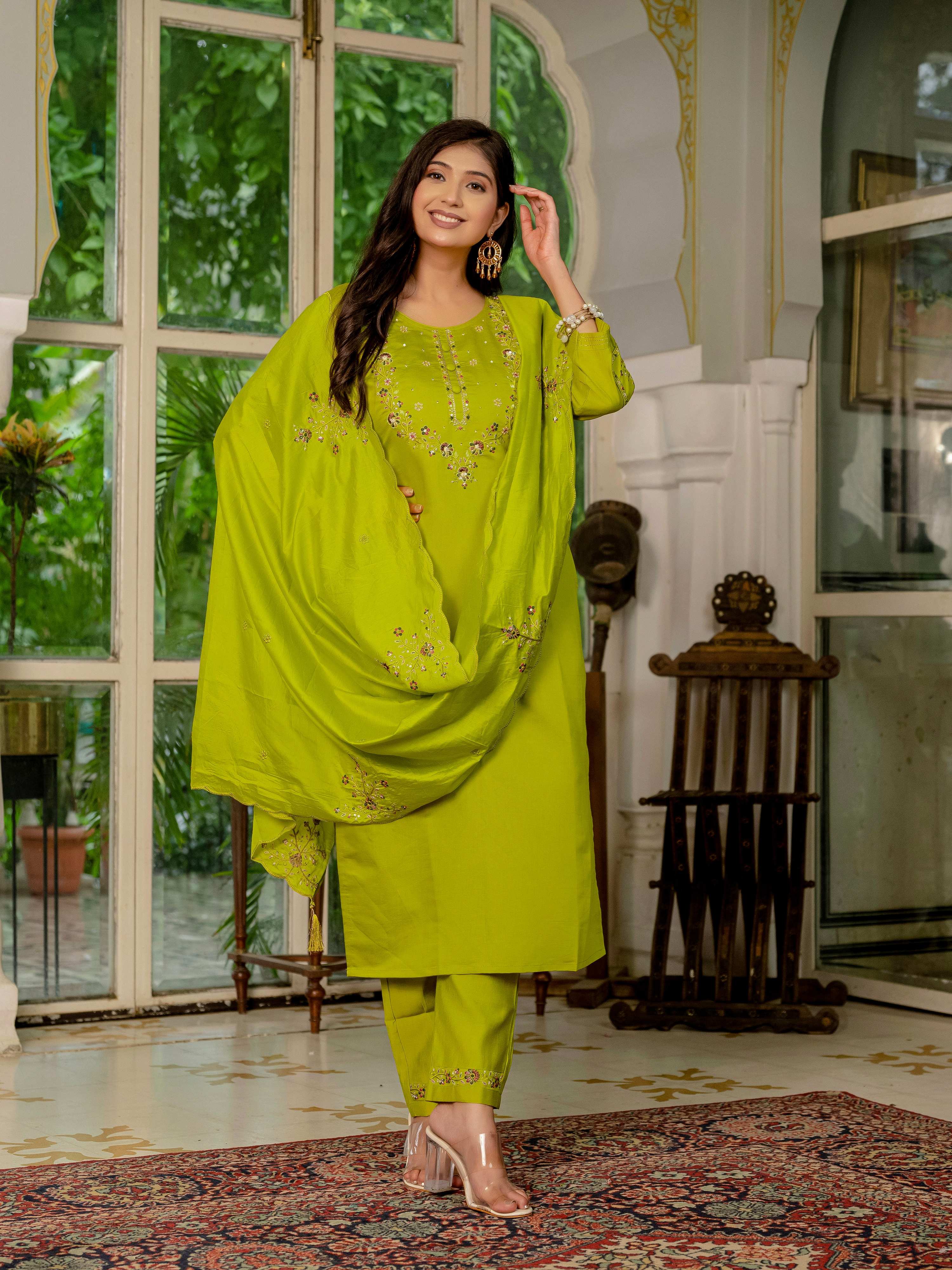 Sonakshi Women's Parrot Marina Silk Multi Thread Embroidered With Hand Work Kurta Set With Dupatta - Distacart
