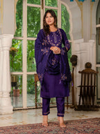 Sonakshi Women's Purple Marina Silk Multi Thread Embroidered With Hand Work Kurta Set With Dupatta - Distacart