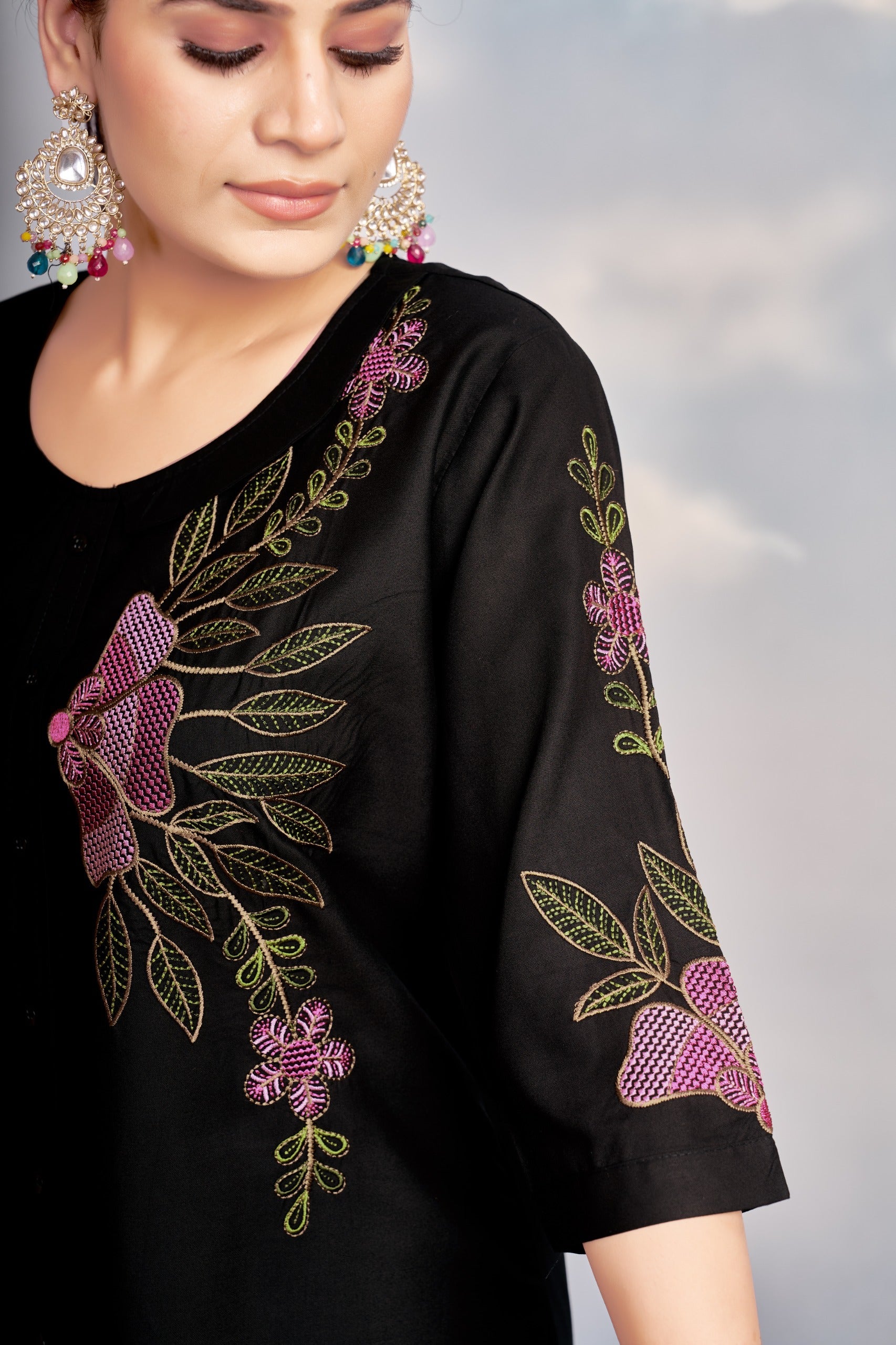 Sonakshi Women's Black Rayon Embroidered Straight Top & Bottom Set - Distacart