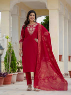 Sonakshi Women's Maroon Premium Roman Silk Coding Embroidered Work Kurta Set With Dupatta - Distacart