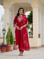 Sonakshi Women's Maroon Premium Roman Silk Coding Embroidered Work Kurta Set With Dupatta - Distacart