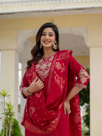 Sonakshi Women's Maroon Premium Roman Silk Coding Embroidered Work Kurta Set With Dupatta - Distacart