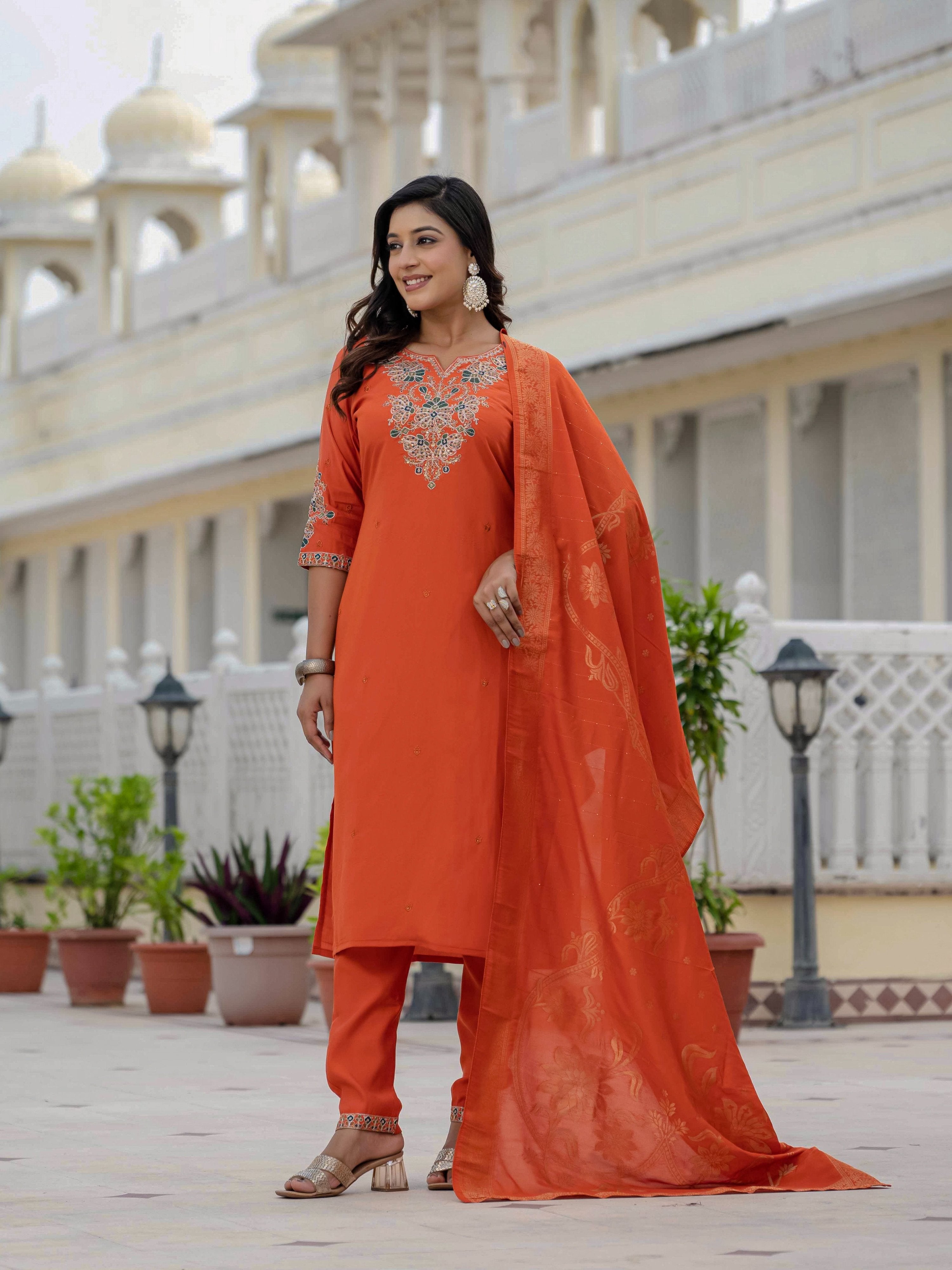 Sonakshi Women's Orange Premium Roman Silk Coding Embroidered Work Kurta Set With Dupatta - Distacart