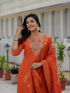 Sonakshi Women's Orange Premium Roman Silk Coding Embroidered Work Kurta Set With Dupatta - Distacart