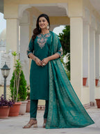 Sonakshi Women's Rama Premium Roman Silk Coding Embroidered Work Kurta Set With Dupatta - Distacart