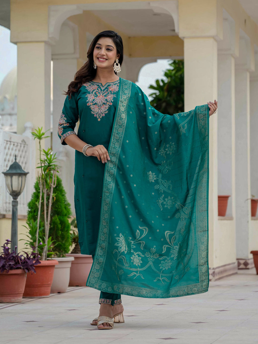 Sonakshi Women's Rama Premium Roman Silk Coding Embroidered Work Kurta Set With Dupatta - Distacart