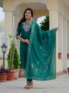 Sonakshi Women's Rama Premium Roman Silk Coding Embroidered Work Kurta Set With Dupatta - Distacart