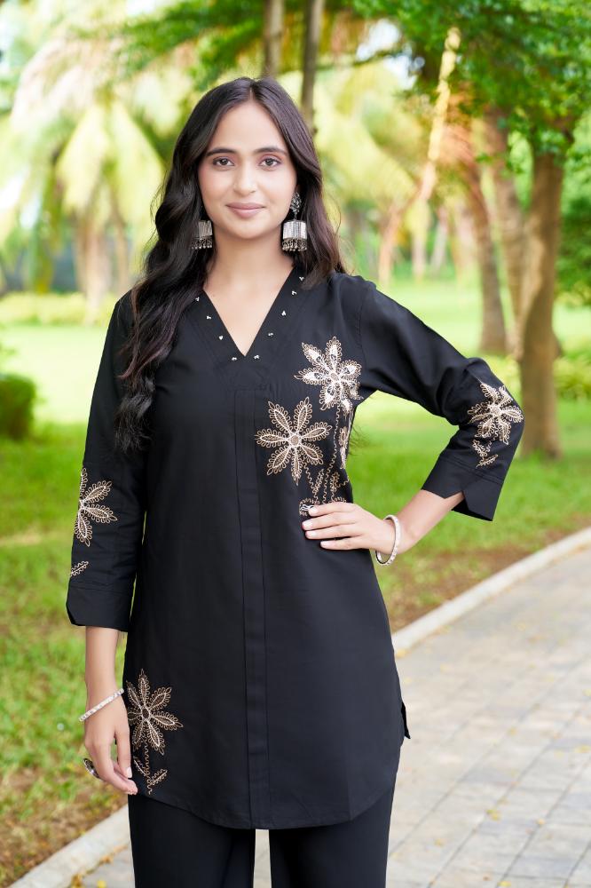Sonakshi Women's Black Rayon Embroidered Straight Top & Bottom Set - Distacart
