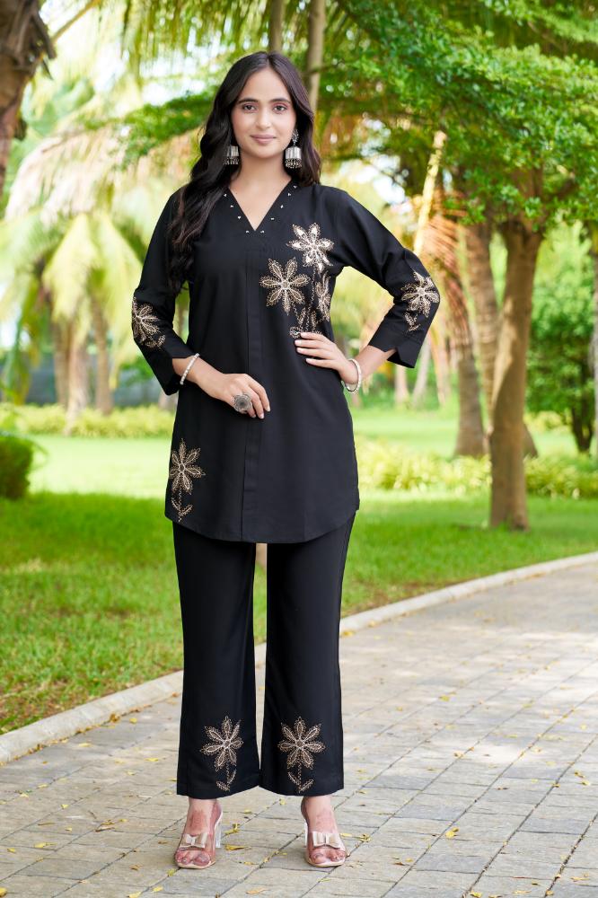 Sonakshi Women's Black Rayon Embroidered Straight Top & Bottom Set - Distacart