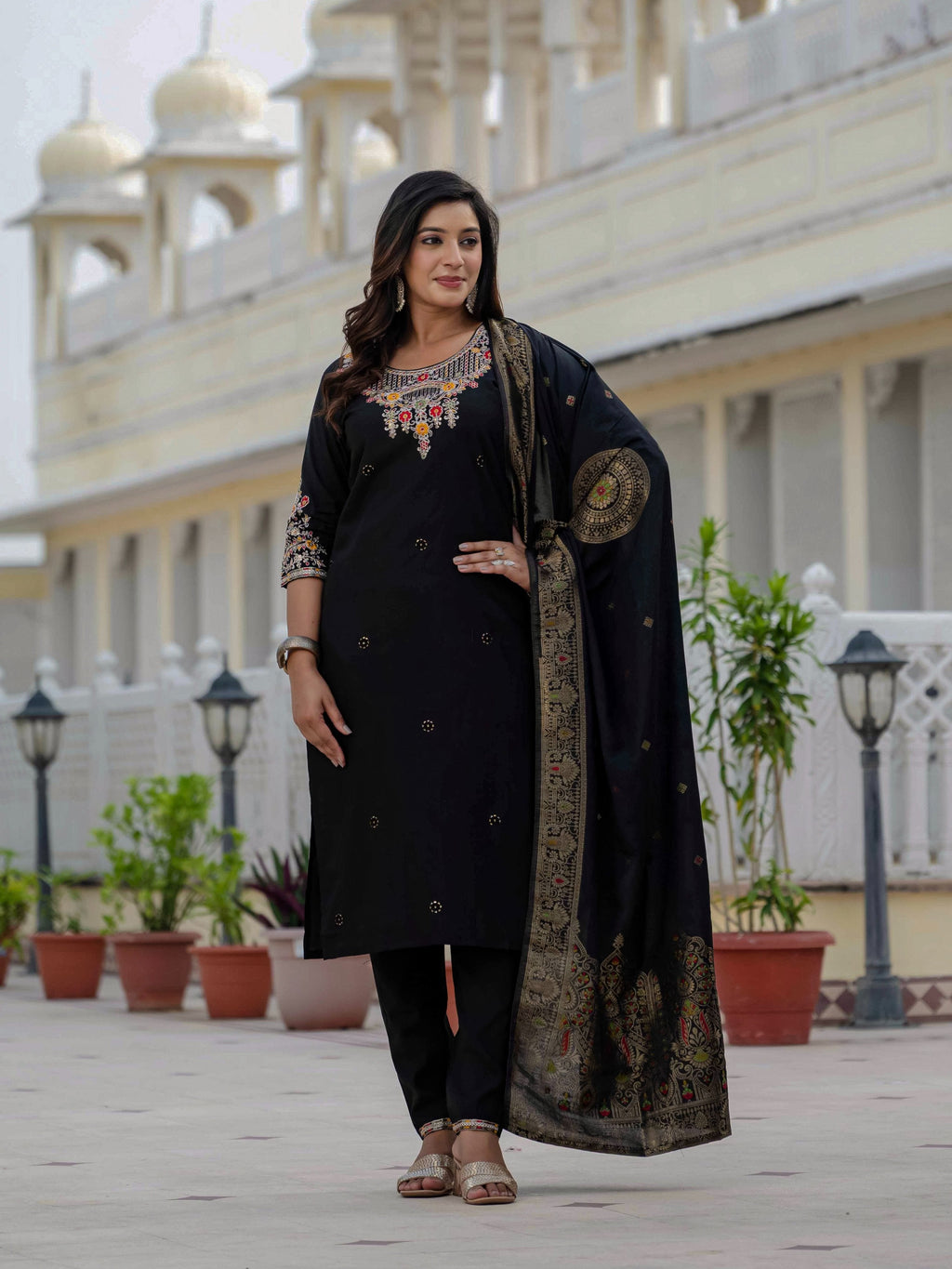 Sonakshi Women's Black Premium Roman Silk Coding Embroidered Work Kurta Set With Dupatta - Distacart