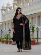 Sonakshi Women's Black Premium Roman Silk Coding Embroidered Work Kurta Set With Dupatta - Distacart