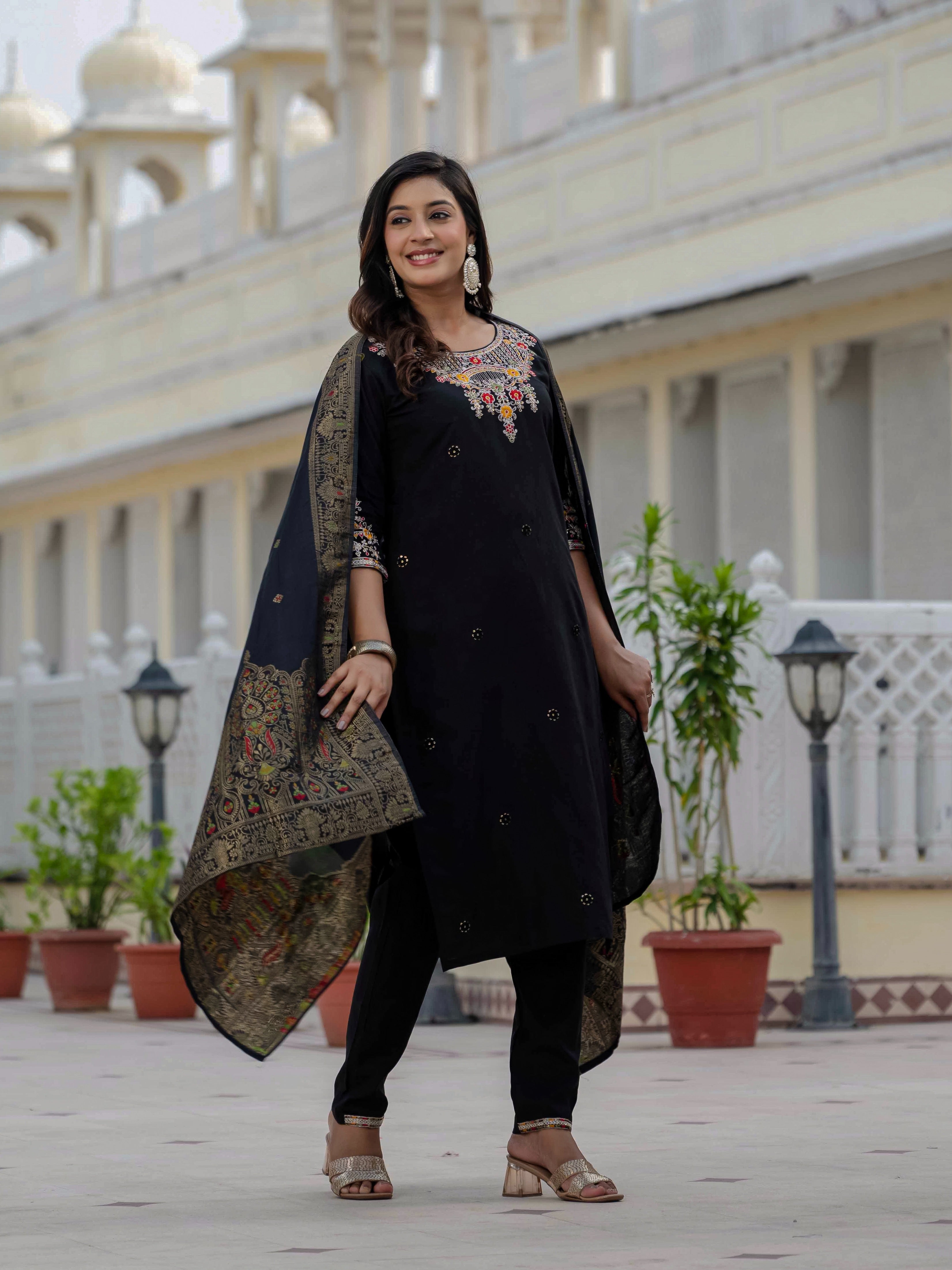 Sonakshi Women's Black Premium Roman Silk Coding Embroidered Work Kurta Set With Dupatta - Distacart