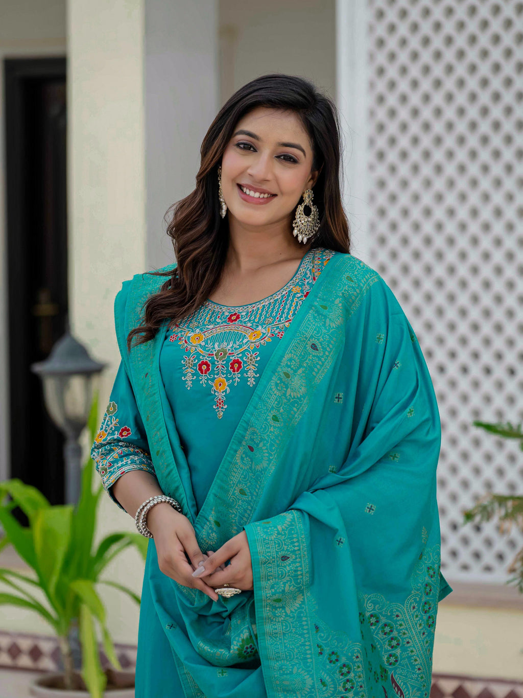 Sonakshi Women's Teal Premium Roman Silk Coding Embroidered Work Kurta Set With Dupatta - Distacart